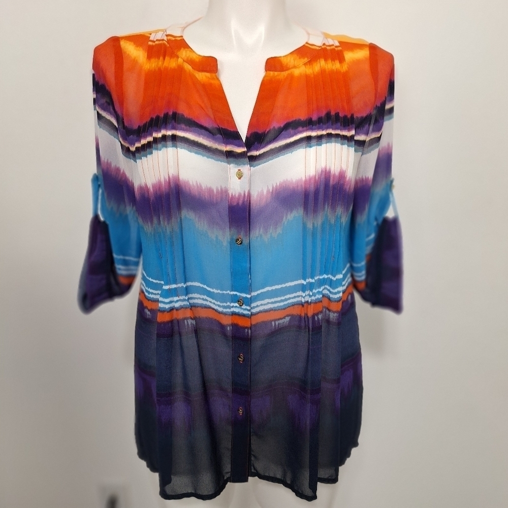 Chaus Watercolor Split Neck 3/4 Roll Tab Sleeve Bohemian Pullover Blouse Size L